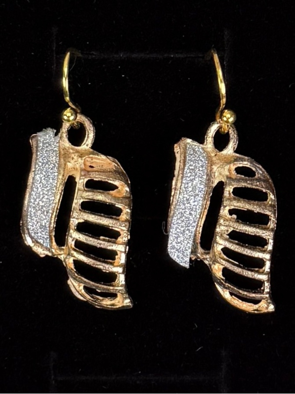 Vintage aged goldtone, silver metallic glitter cut out pierced earrings
